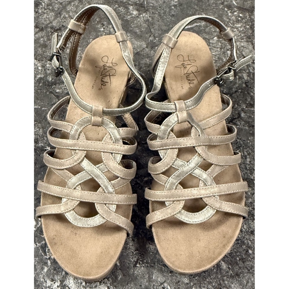 LifeStride Soft System Womens Neva Comfort Cork Wedge Sandals Silver Gold Sz 9.5